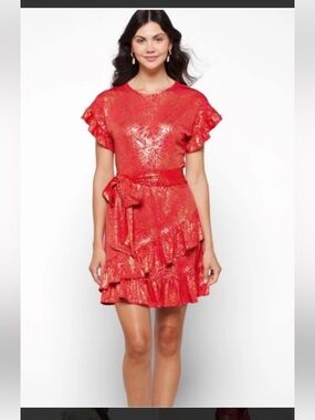 Michael Kors gold & orange Foil Jersey Ruffle Dress